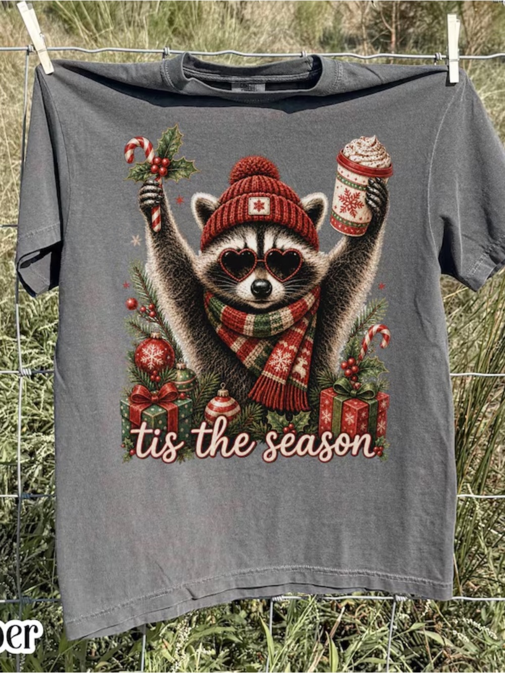 Comfort Colors Pepper Holiday Raccoon Graphic Tee with Red Accents